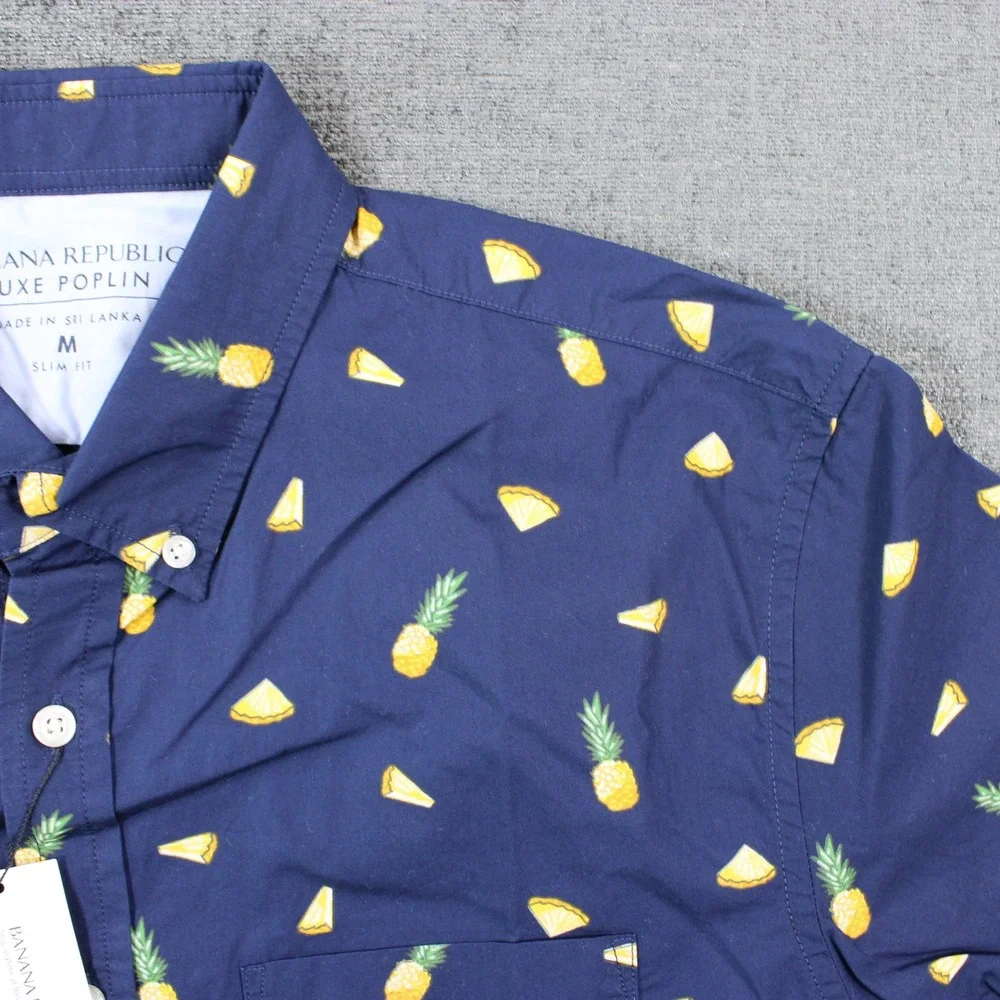 Banana Republic Mens Luxe Poplin Navy Pineapple Print Short Sleeve Shirt M Slim